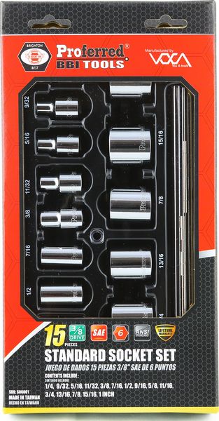BBPS06001 Proferred 3/8" Drive Standard SAE Socket Set 15 Piece 3/8" Drive SAE 6 Point Socket Set Standard