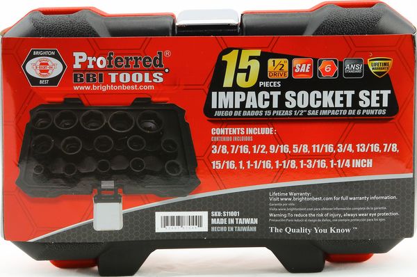 BBPS11001 Proferred 1/2" Drive Impact SAE Socket Set 15 Piece 1/2" Drive SAE 6 Point Impact Socket Set Impact