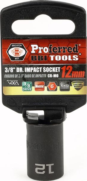BBPS31012 Impact 3/8" Drive Metric Socket 12MM - 3/8" Dr. 6 Pt. Metric Impact Socket  Impact