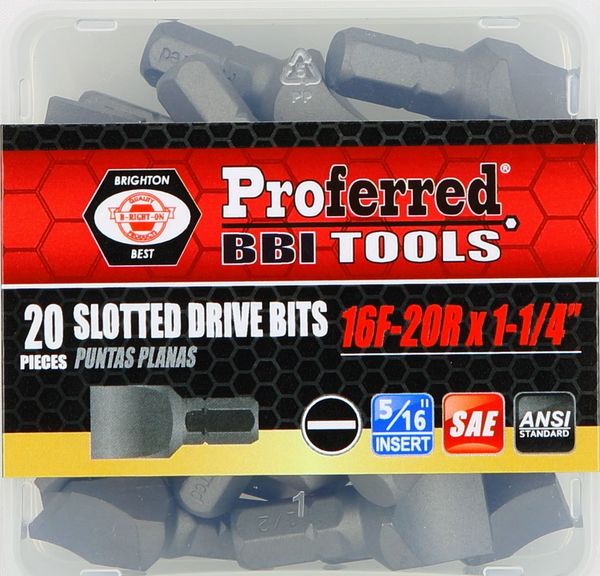 BBPT52011 Slotted Drive Bits 16F-20R (1 1/4" Insert) 1 1/4" Length with 5/16" Hex-Bull Nose Shank